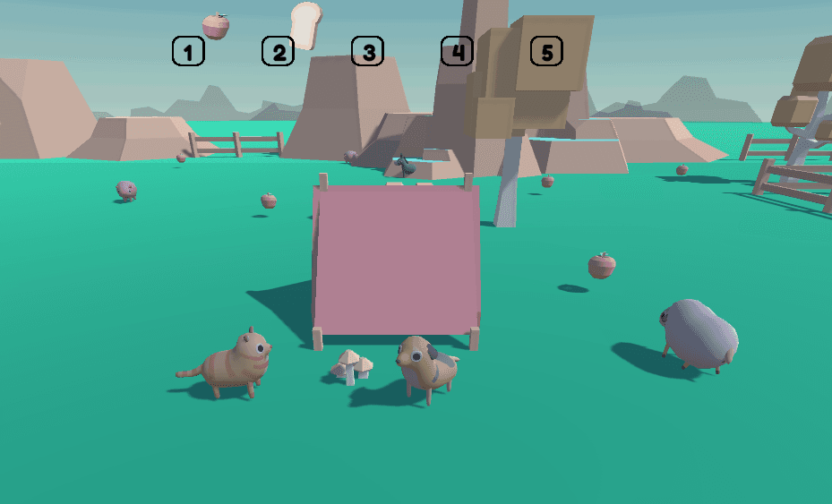 Two player-controlled animals gathering smaller animals beside a marker in the low-poly arena.