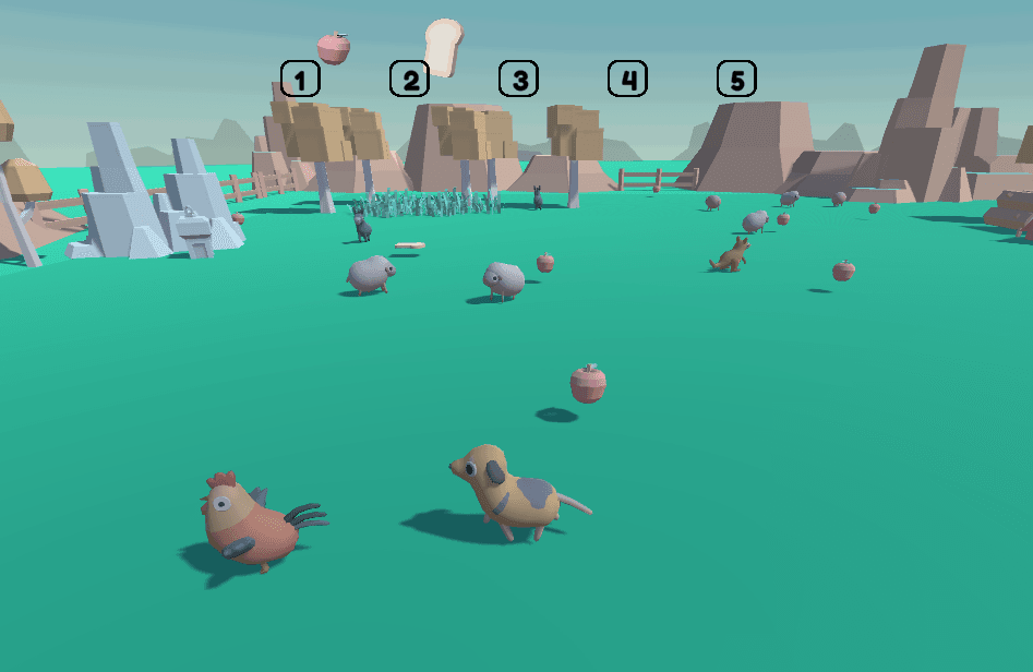 Competing herders crossing an open field filled with animals and collectible bait.