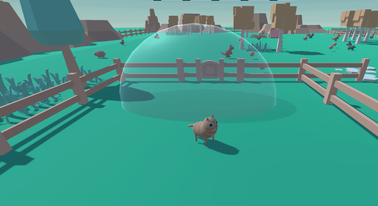 A player herding an animal inside a fenced scoring area under a translucent capture zone.
