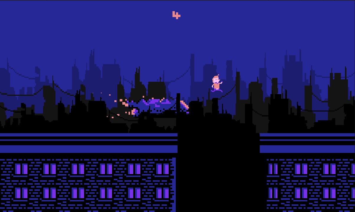 Player character exploring a dark laboratory corridor with cables, debris, and a city view.