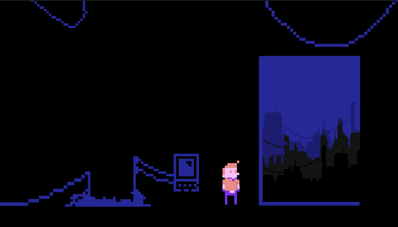 Awaker main menu framed by pixel-art characters and laboratory scenery.