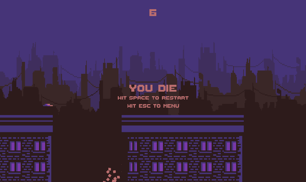Game over screen above a dark industrial platform and ruined city skyline.