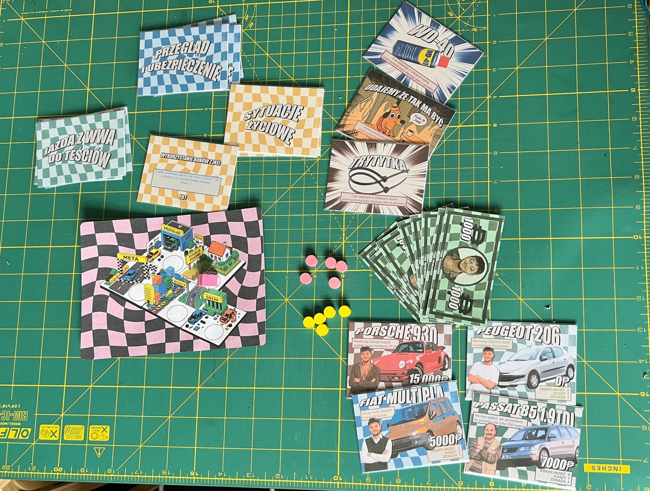 Complete handmade game set with the board, car cards, challenge decks, item cards, custom banknotes, and tokens.
