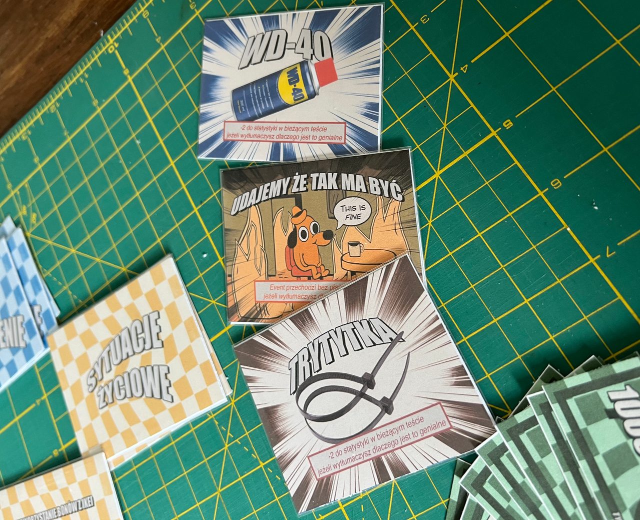 Humorous rescue cards featuring WD-40, cable ties, and a this-is-fine excuse.