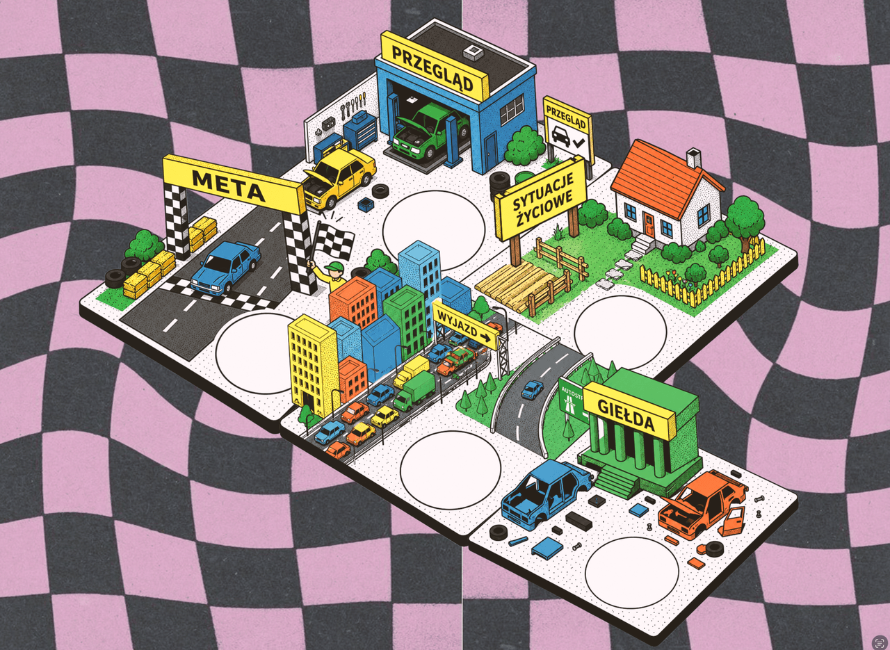 Colourful illustrated game board showing a route from a car market through city traffic, life situations, vehicle inspection, and the finish line.