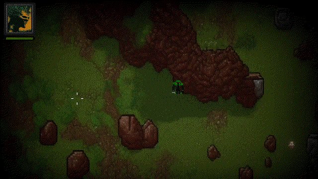 Green elemental character fighting enemies among rocks in a dark top-down arena.