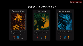 Character selection screen presenting fire, plant, and water elemental forms with different statistics.
