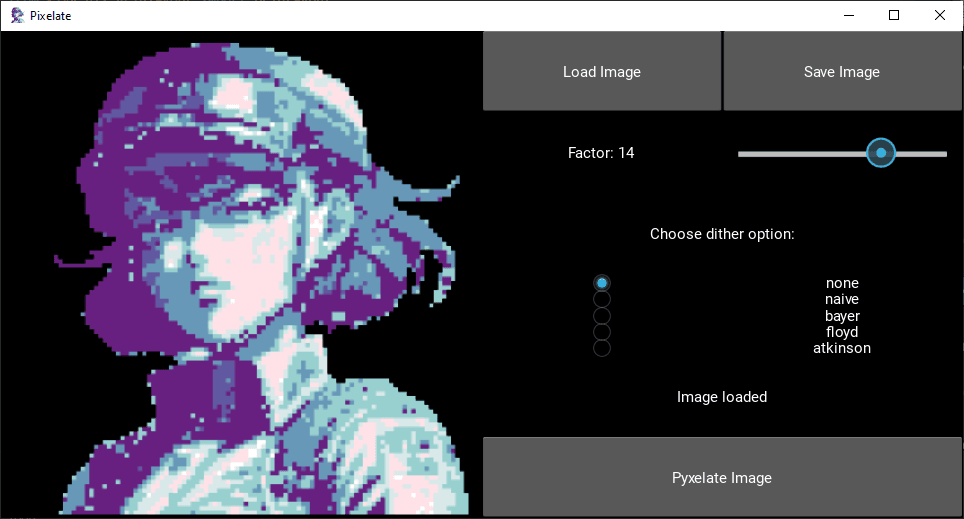 Pixelate desktop interface with image preview, factor control, dithering selection, and save options.