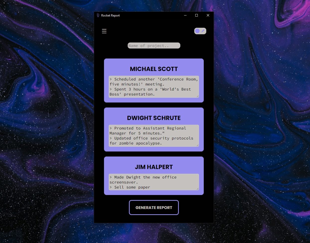 Report Rocket desktop interface with team members, editable task lists, and report controls.