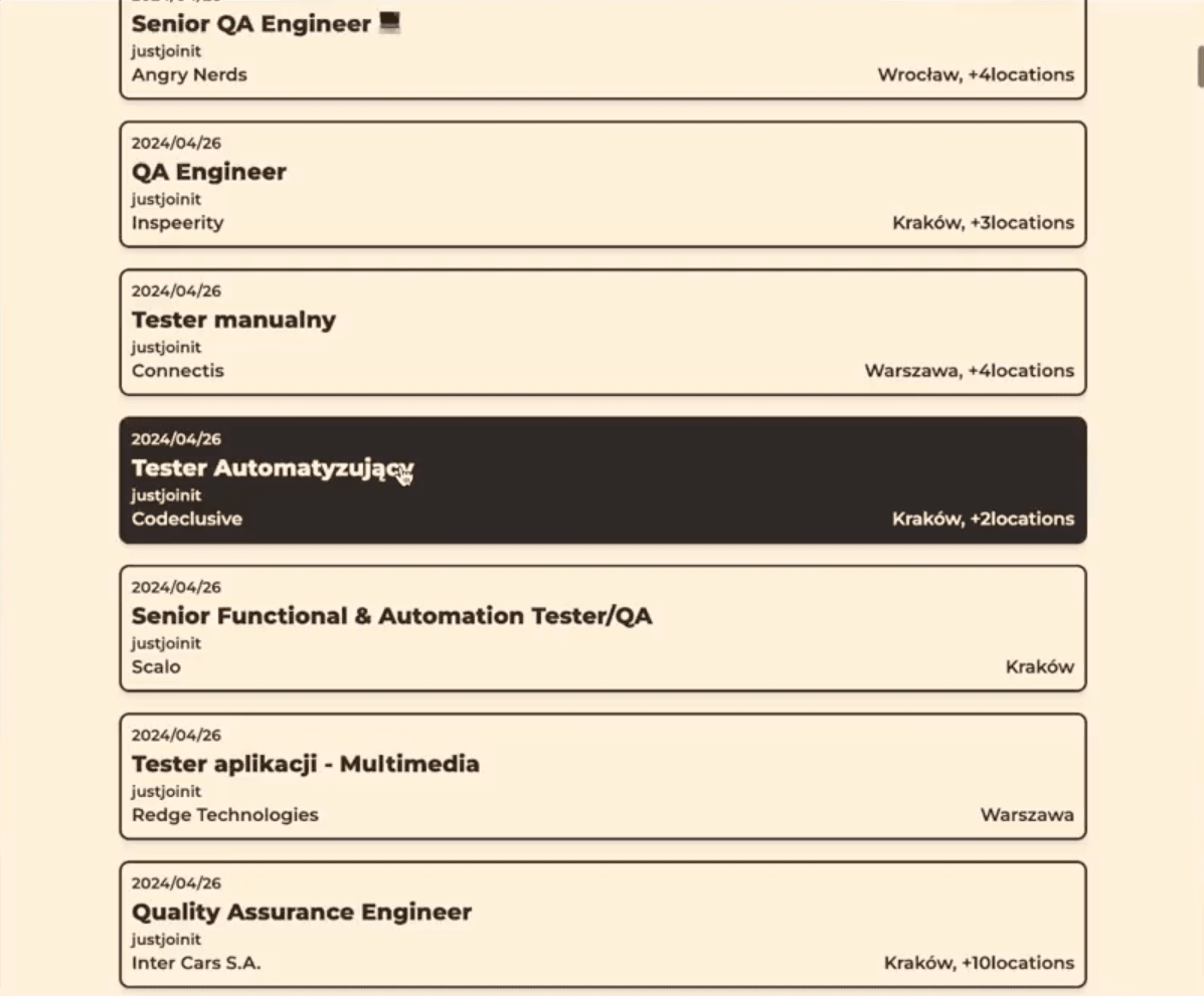 View of searched software testing vacancies.
