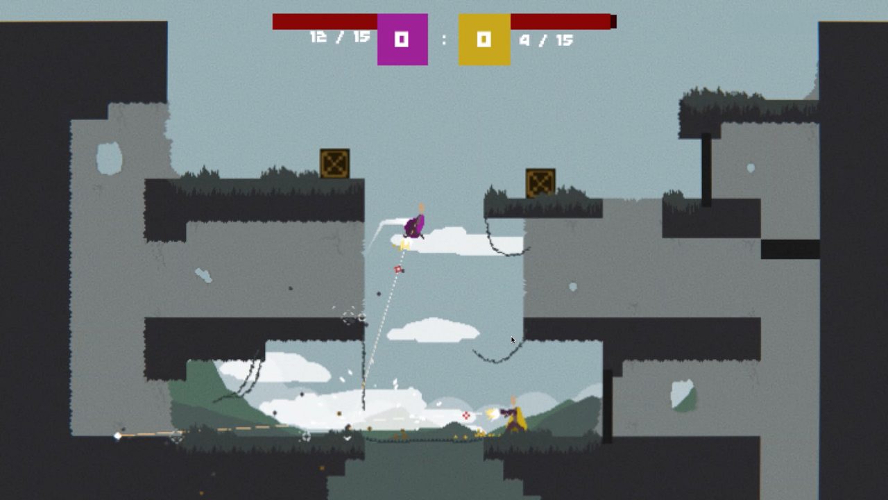Two players exchanging fire across a layered side-view arena with platforms and crates.