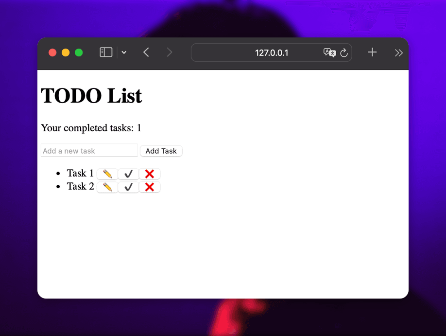 Todo Web App interface with task creation controls, a completed-task counter, and a list of editable tasks.